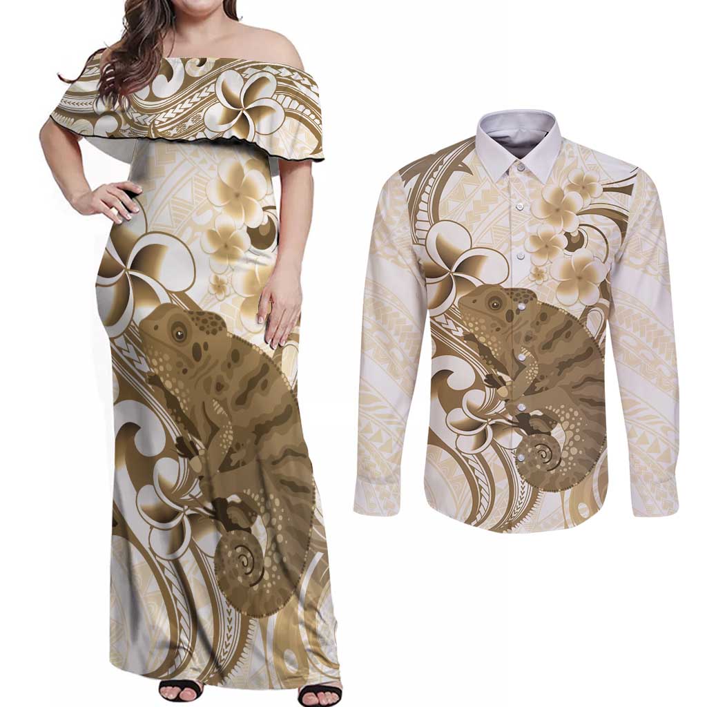 Brown And White Hawaii Chameleon Couples Matching Off Shoulder Maxi Dress and Long Sleeve Button Shirt Plumeria Polynesian Tribal Art LT14 Brown - Polynesian Pride