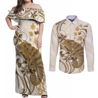 Brown And White Hawaii Chameleon Couples Matching Off Shoulder Maxi Dress and Long Sleeve Button Shirt Plumeria Polynesian Tribal Art LT14 Brown - Polynesian Pride