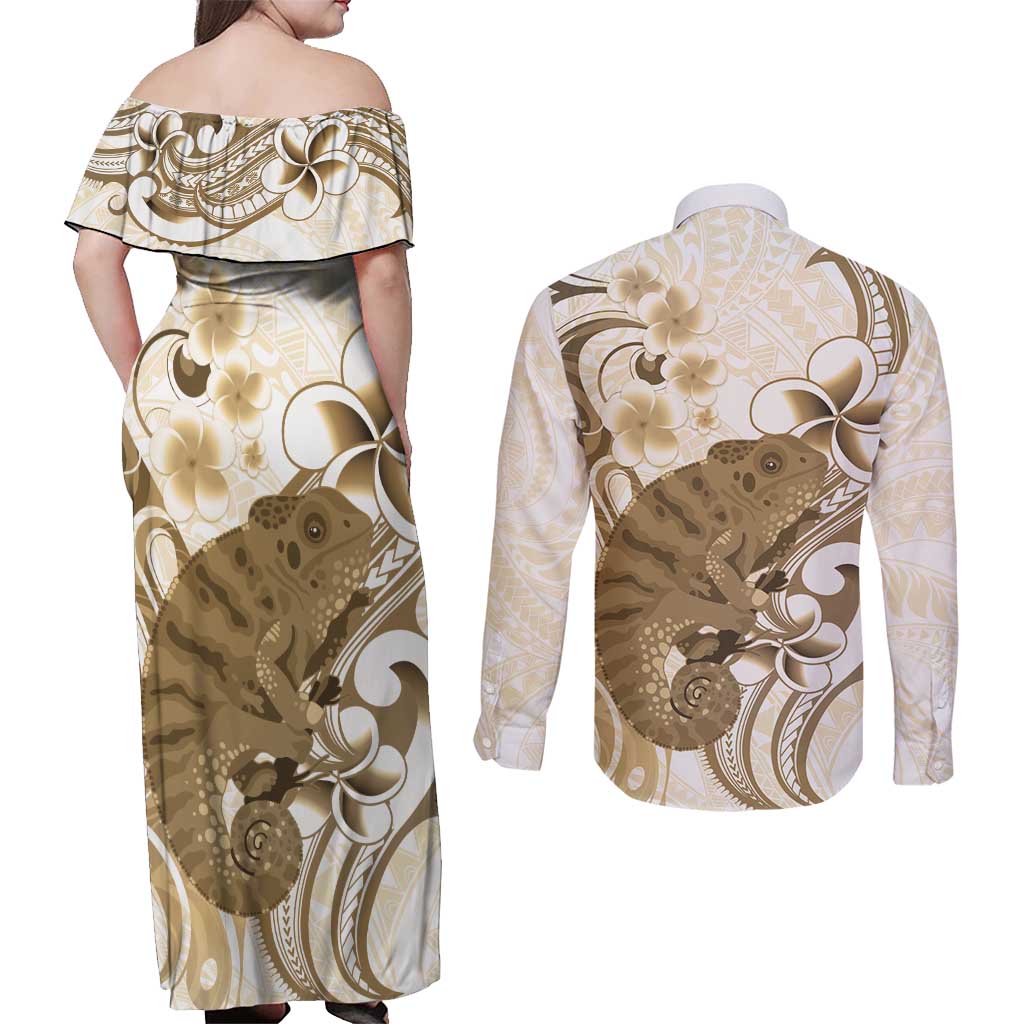 Brown And White Hawaii Chameleon Couples Matching Off Shoulder Maxi Dress and Long Sleeve Button Shirt Plumeria Polynesian Tribal Art LT14 - Polynesian Pride