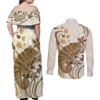 Brown And White Hawaii Chameleon Couples Matching Off Shoulder Maxi Dress and Long Sleeve Button Shirt Plumeria Polynesian Tribal Art LT14 - Polynesian Pride