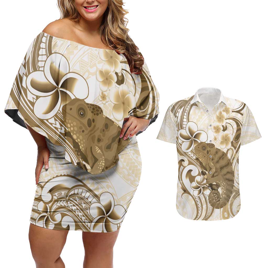 Brown And White Hawaii Chameleon Couples Matching Off Shoulder Short Dress and Hawaiian Shirt Plumeria Polynesian Tribal Art LT14 Brown - Polynesian Pride
