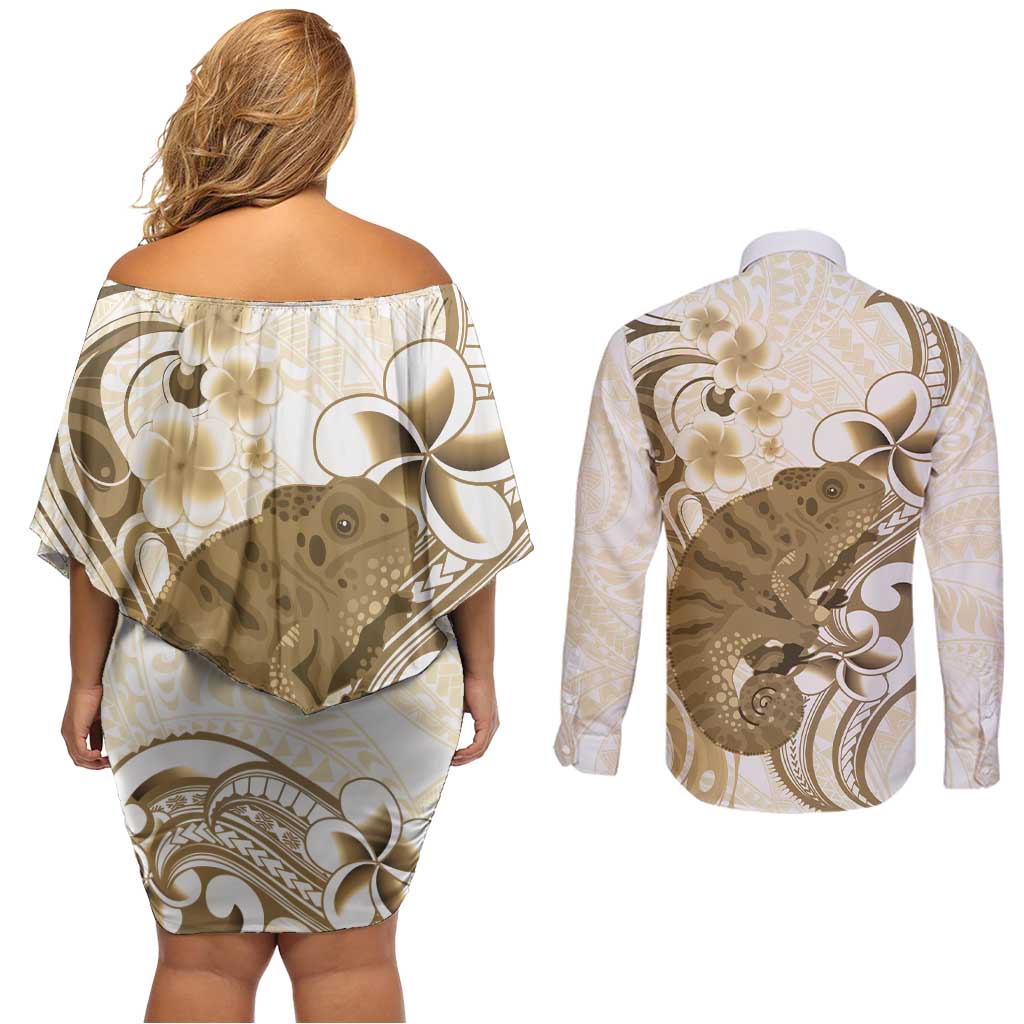 Brown And White Hawaii Chameleon Couples Matching Off Shoulder Short Dress and Long Sleeve Button Shirt Plumeria Polynesian Tribal Art LT14 - Polynesian Pride