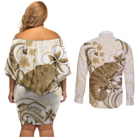 Brown And White Hawaii Chameleon Couples Matching Off Shoulder Short Dress and Long Sleeve Button Shirt Plumeria Polynesian Tribal Art LT14 - Polynesian Pride
