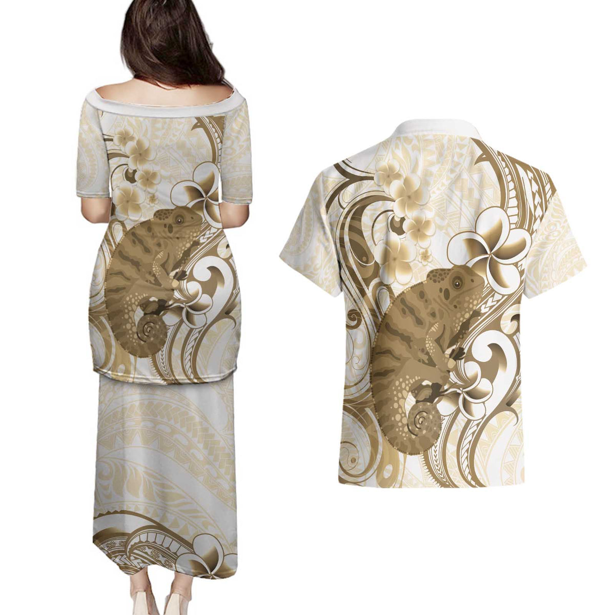Brown And White Hawaii Chameleon Couples Matching Puletasi and Hawaiian Shirt Plumeria Polynesian Tribal Art LT14 - Polynesian Pride