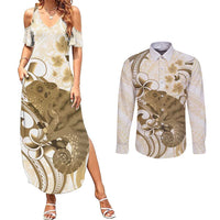 Brown And White Hawaii Chameleon Couples Matching Summer Maxi Dress and Long Sleeve Button Shirt Plumeria Polynesian Tribal Art LT14 Brown - Polynesian Pride
