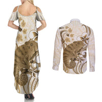 Brown And White Hawaii Chameleon Couples Matching Summer Maxi Dress and Long Sleeve Button Shirt Plumeria Polynesian Tribal Art LT14 - Polynesian Pride