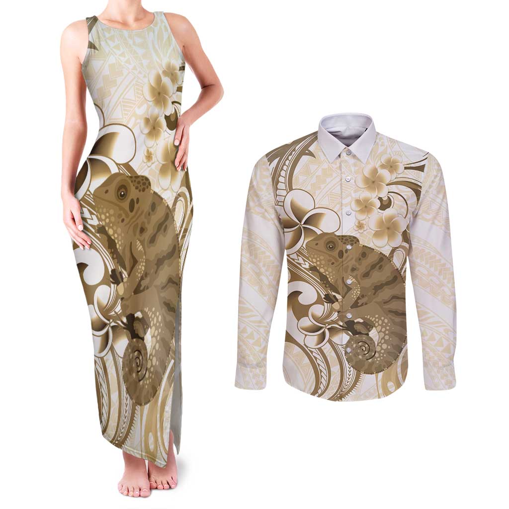 Brown And White Hawaii Chameleon Couples Matching Tank Maxi Dress and Long Sleeve Button Shirt Plumeria Polynesian Tribal Art LT14 Brown - Polynesian Pride