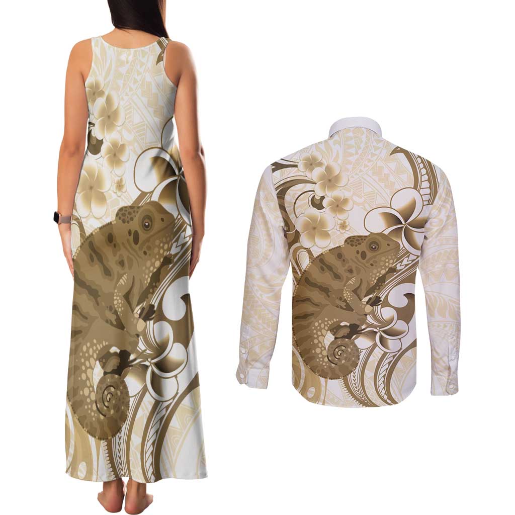 Brown And White Hawaii Chameleon Couples Matching Tank Maxi Dress and Long Sleeve Button Shirt Plumeria Polynesian Tribal Art LT14 - Polynesian Pride