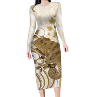 Brown And White Hawaii Chameleon Family Matching Long Sleeve Bodycon Dress and Hawaiian Shirt Plumeria Polynesian Tribal Art LT14 Mom's Dress Brown - Polynesian Pride