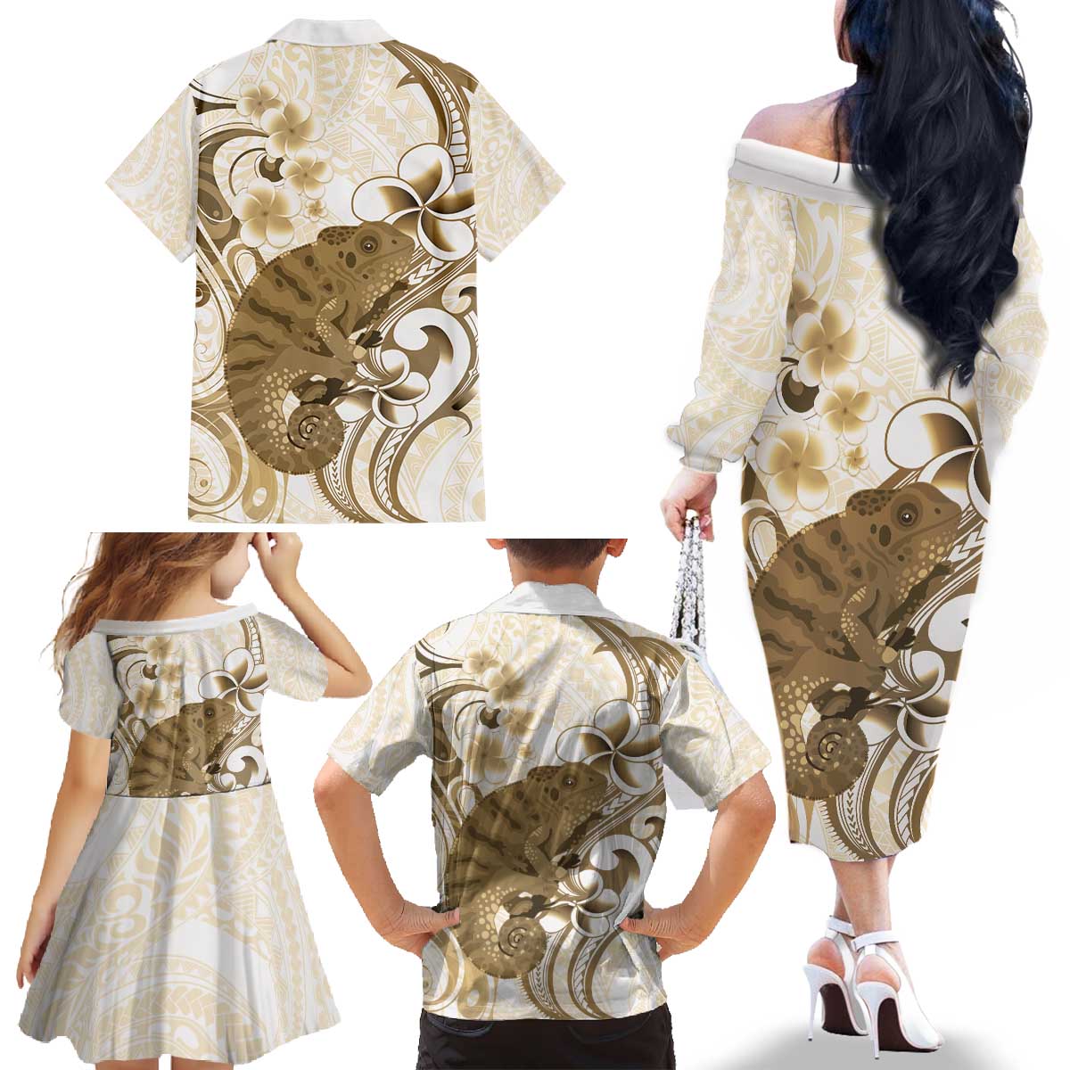Brown And White Hawaii Chameleon Family Matching Off The Shoulder Long Sleeve Dress and Hawaiian Shirt Plumeria Polynesian Tribal Art LT14 - Polynesian Pride