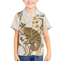 Brown And White Hawaii Chameleon Family Matching Off The Shoulder Long Sleeve Dress and Hawaiian Shirt Plumeria Polynesian Tribal Art LT14 Son's Shirt Brown - Polynesian Pride