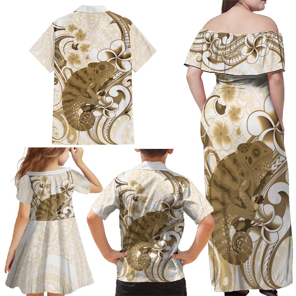 Brown And White Hawaii Chameleon Family Matching Off Shoulder Maxi Dress and Hawaiian Shirt Plumeria Polynesian Tribal Art LT14 - Polynesian Pride