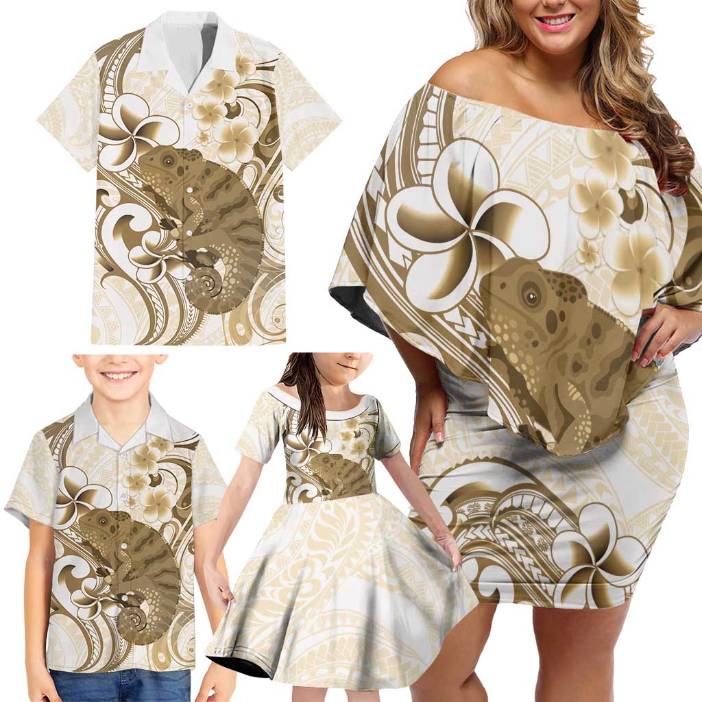 Brown And White Hawaii Chameleon Family Matching Off Shoulder Short Dress and Hawaiian Shirt Plumeria Polynesian Tribal Art LT14 - Polynesian Pride