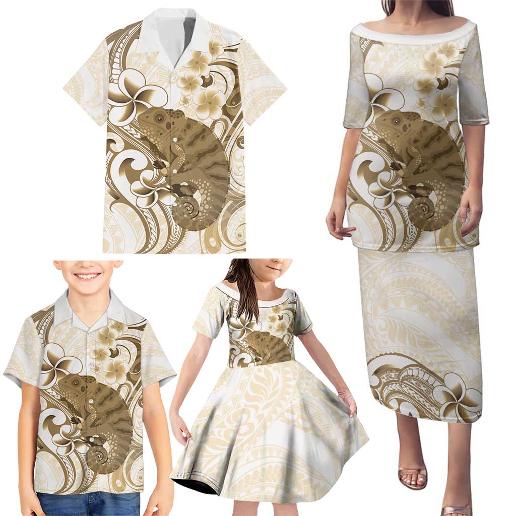 Brown And White Hawaii Chameleon Family Matching Puletasi and Hawaiian Shirt Plumeria Polynesian Tribal Art LT14 - Polynesian Pride