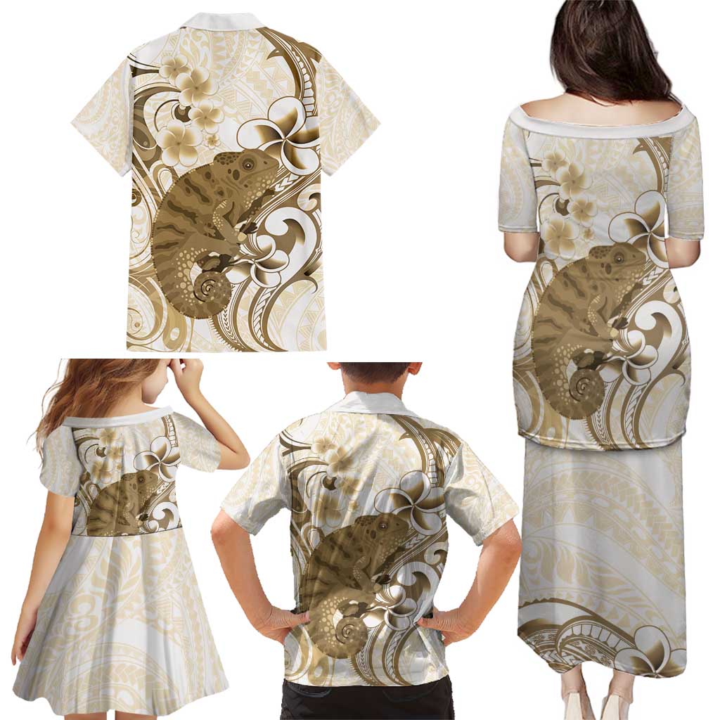 Brown And White Hawaii Chameleon Family Matching Puletasi and Hawaiian Shirt Plumeria Polynesian Tribal Art LT14 - Polynesian Pride