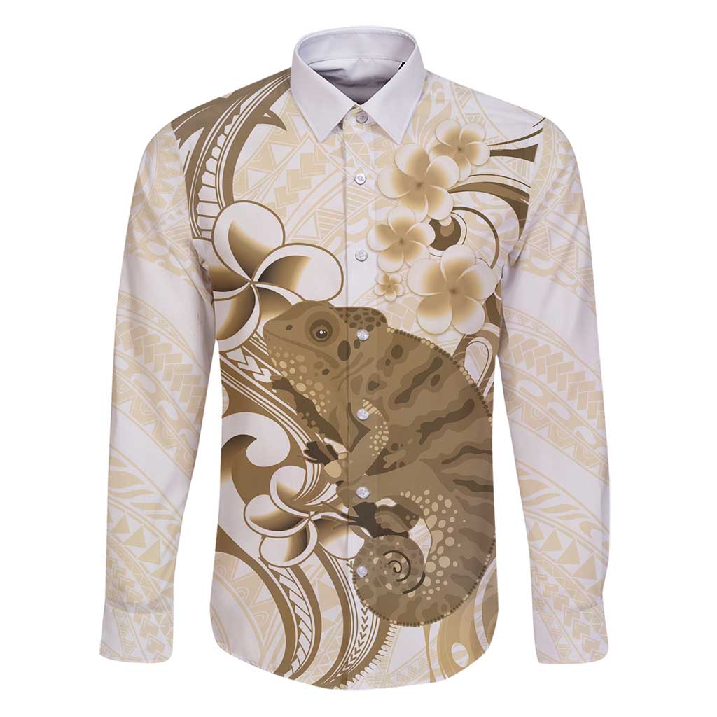 Brown And White Hawaii Chameleon Family Matching Puletasi and Hawaiian Shirt Plumeria Polynesian Tribal Art LT14 Dad's Shirt - Long Sleeve Brown - Polynesian Pride