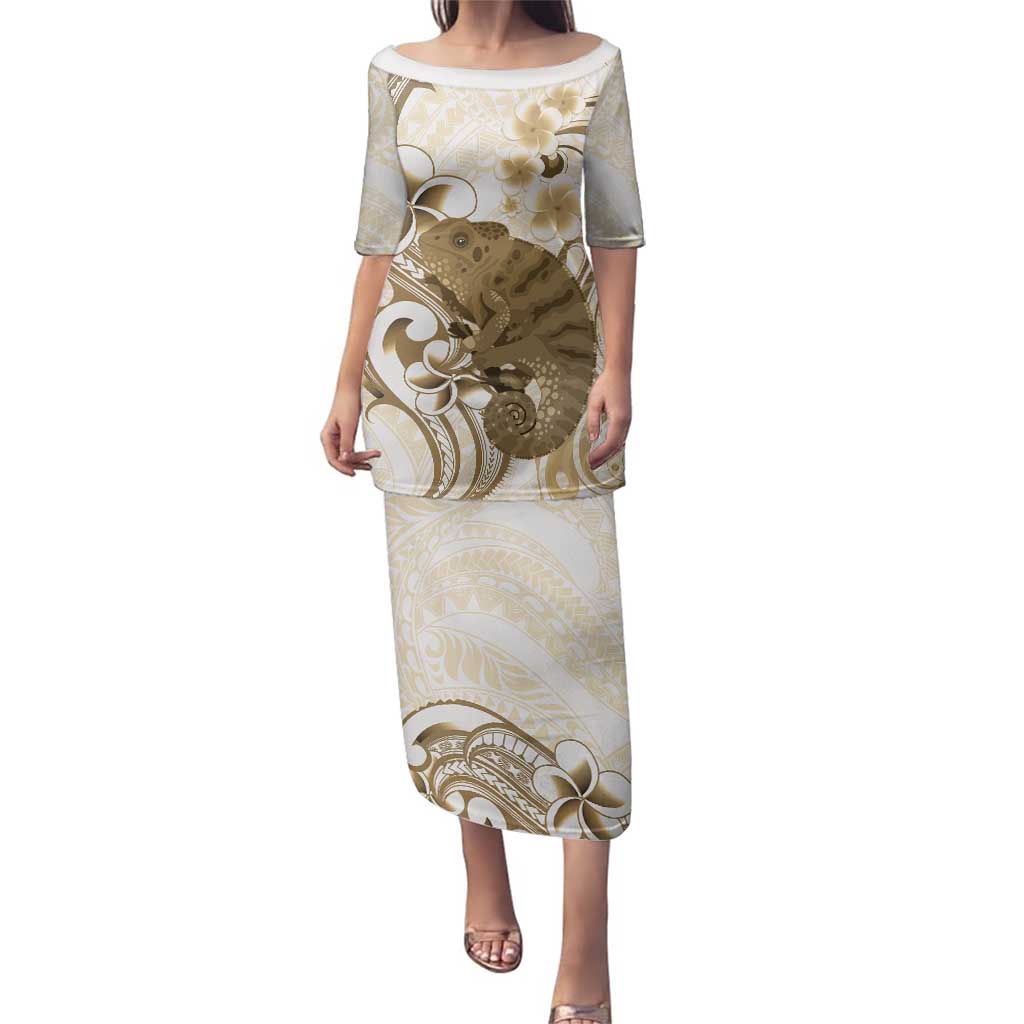 Brown And White Hawaii Chameleon Family Matching Puletasi and Hawaiian Shirt Plumeria Polynesian Tribal Art LT14 Mom's Dress Brown - Polynesian Pride