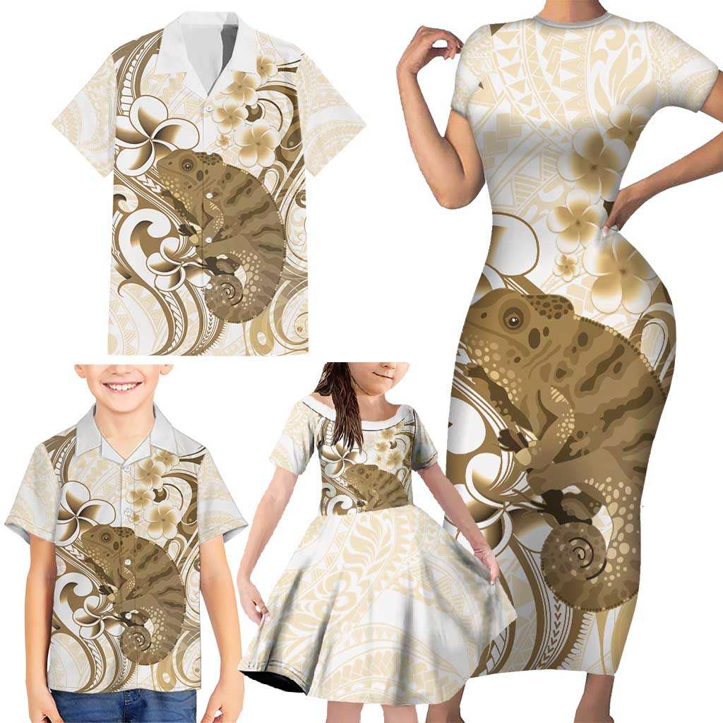 Brown And White Hawaii Chameleon Family Matching Short Sleeve Bodycon Dress and Hawaiian Shirt Plumeria Polynesian Tribal Art LT14 - Polynesian Pride