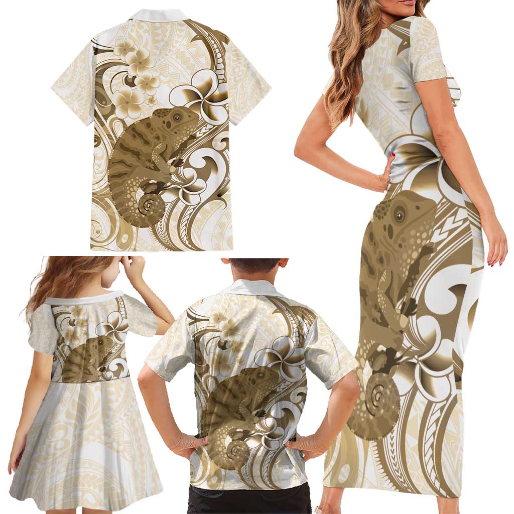 Brown And White Hawaii Chameleon Family Matching Short Sleeve Bodycon Dress and Hawaiian Shirt Plumeria Polynesian Tribal Art LT14 - Polynesian Pride