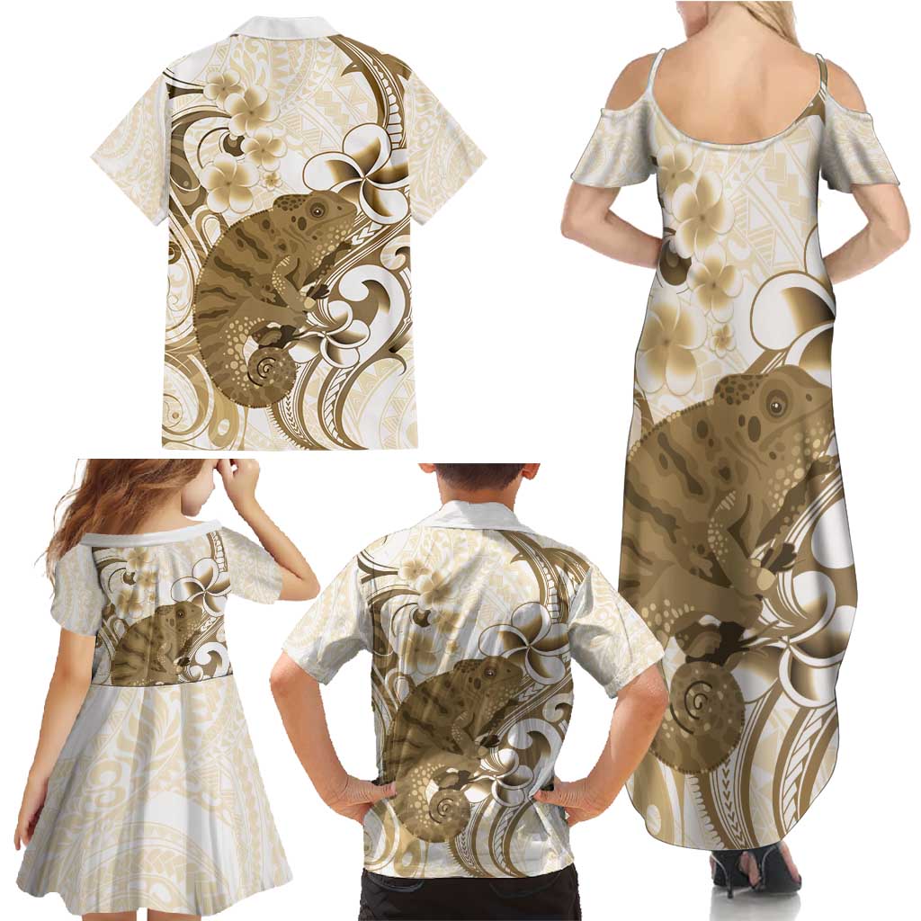 Brown And White Hawaii Chameleon Family Matching Summer Maxi Dress and Hawaiian Shirt Plumeria Polynesian Tribal Art LT14 - Polynesian Pride