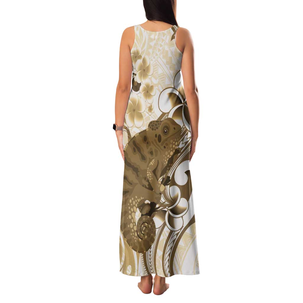 Brown And White Hawaii Chameleon Tank Maxi Dress Plumeria Polynesian Tribal Art