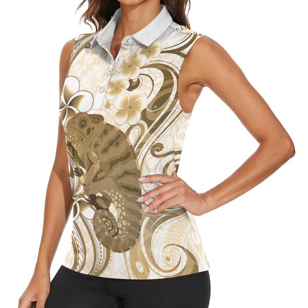 Brown And White Hawaii Chameleon Women Sleeveless Polo Shirt Plumeria Polynesian Tribal Art LT14 - Polynesian Pride