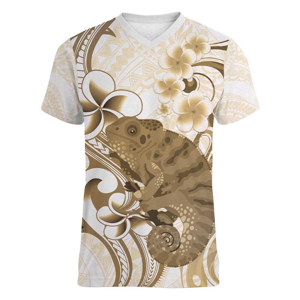 Brown And White Hawaii Chameleon Women V-Neck T-Shirt Plumeria Polynesian Tribal Art LT14 Female Brown - Polynesian Pride