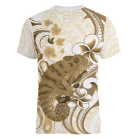 Brown And White Hawaii Chameleon Women V-Neck T-Shirt Plumeria Polynesian Tribal Art LT14 - Polynesian Pride