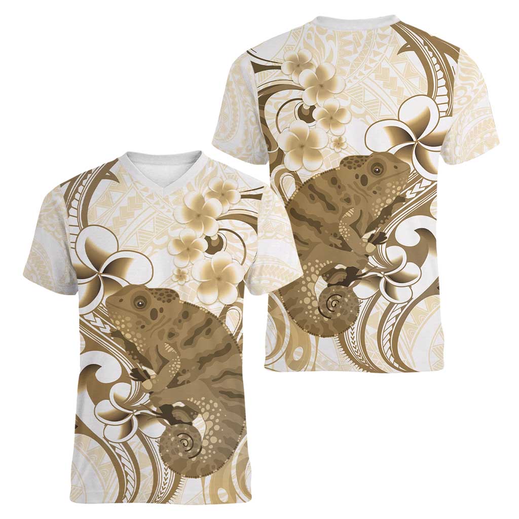 Brown And White Hawaii Chameleon Women V-Neck T-Shirt Plumeria Polynesian Tribal Art LT14 - Polynesian Pride