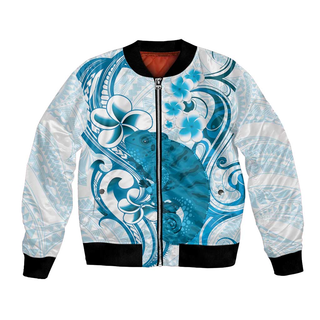 Cyan And White Hawaii Chameleon Bomber Jacket Plumeria Polynesian Tribal Art LT14 Unisex Cyan - Polynesian Pride