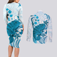 Cyan And White Hawaii Chameleon Couples Matching Long Sleeve Bodycon Dress and Long Sleeve Button Shirt Plumeria Polynesian Tribal Art LT14 - Polynesian Pride