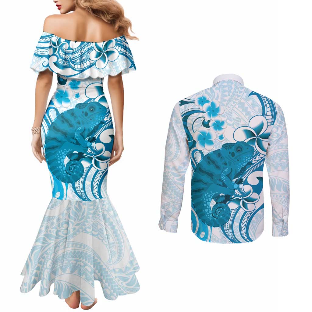 Cyan And White Hawaii Chameleon Couples Matching Mermaid Dress and Long Sleeve Button Shirt Plumeria Polynesian Tribal Art LT14 - Polynesian Pride