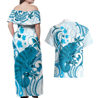 Cyan And White Hawaii Chameleon Couples Matching Off Shoulder Maxi Dress and Hawaiian Shirt Plumeria Polynesian Tribal Art LT14 - Polynesian Pride