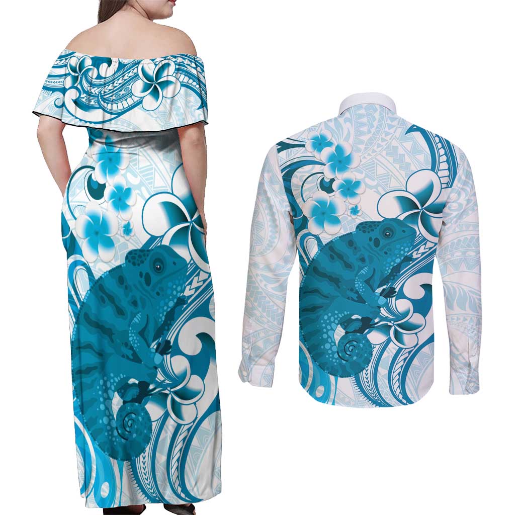 Cyan And White Hawaii Chameleon Couples Matching Off Shoulder Maxi Dress and Long Sleeve Button Shirt Plumeria Polynesian Tribal Art LT14 - Polynesian Pride