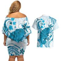 Cyan And White Hawaii Chameleon Couples Matching Off Shoulder Short Dress and Hawaiian Shirt Plumeria Polynesian Tribal Art LT14 - Polynesian Pride