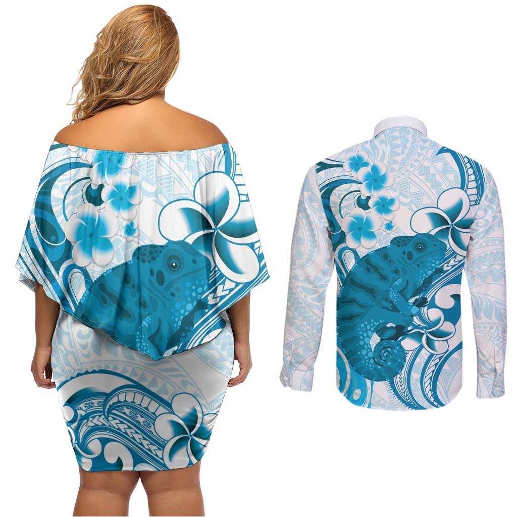 Cyan And White Hawaii Chameleon Couples Matching Off Shoulder Short Dress and Long Sleeve Button Shirt Plumeria Polynesian Tribal Art LT14 - Polynesian Pride