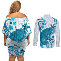 Cyan And White Hawaii Chameleon Couples Matching Off Shoulder Short Dress and Long Sleeve Button Shirt Plumeria Polynesian Tribal Art LT14 - Polynesian Pride