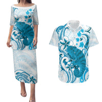 Cyan And White Hawaii Chameleon Couples Matching Puletasi and Hawaiian Shirt Plumeria Polynesian Tribal Art LT14 Cyan - Polynesian Pride