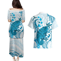 Cyan And White Hawaii Chameleon Couples Matching Puletasi and Hawaiian Shirt Plumeria Polynesian Tribal Art LT14 - Polynesian Pride