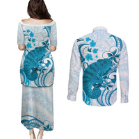 Cyan And White Hawaii Chameleon Couples Matching Puletasi and Long Sleeve Button Shirt Plumeria Polynesian Tribal Art LT14 - Polynesian Pride