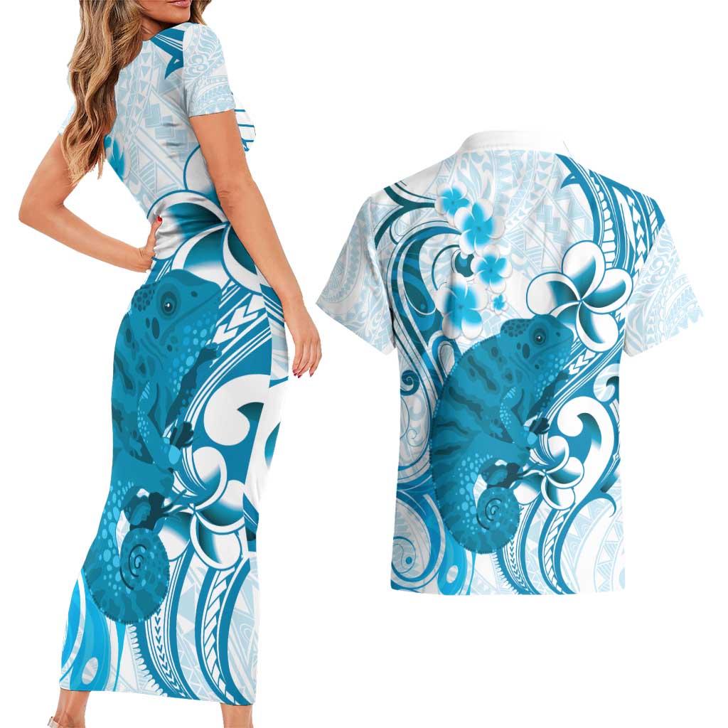 Cyan And White Hawaii Chameleon Couples Matching Short Sleeve Bodycon Dress and Hawaiian Shirt Plumeria Polynesian Tribal Art LT14 - Polynesian Pride