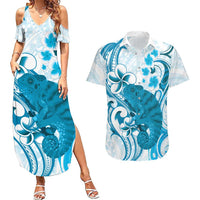 Cyan And White Hawaii Chameleon Couples Matching Summer Maxi Dress and Hawaiian Shirt Plumeria Polynesian Tribal Art LT14 Cyan - Polynesian Pride