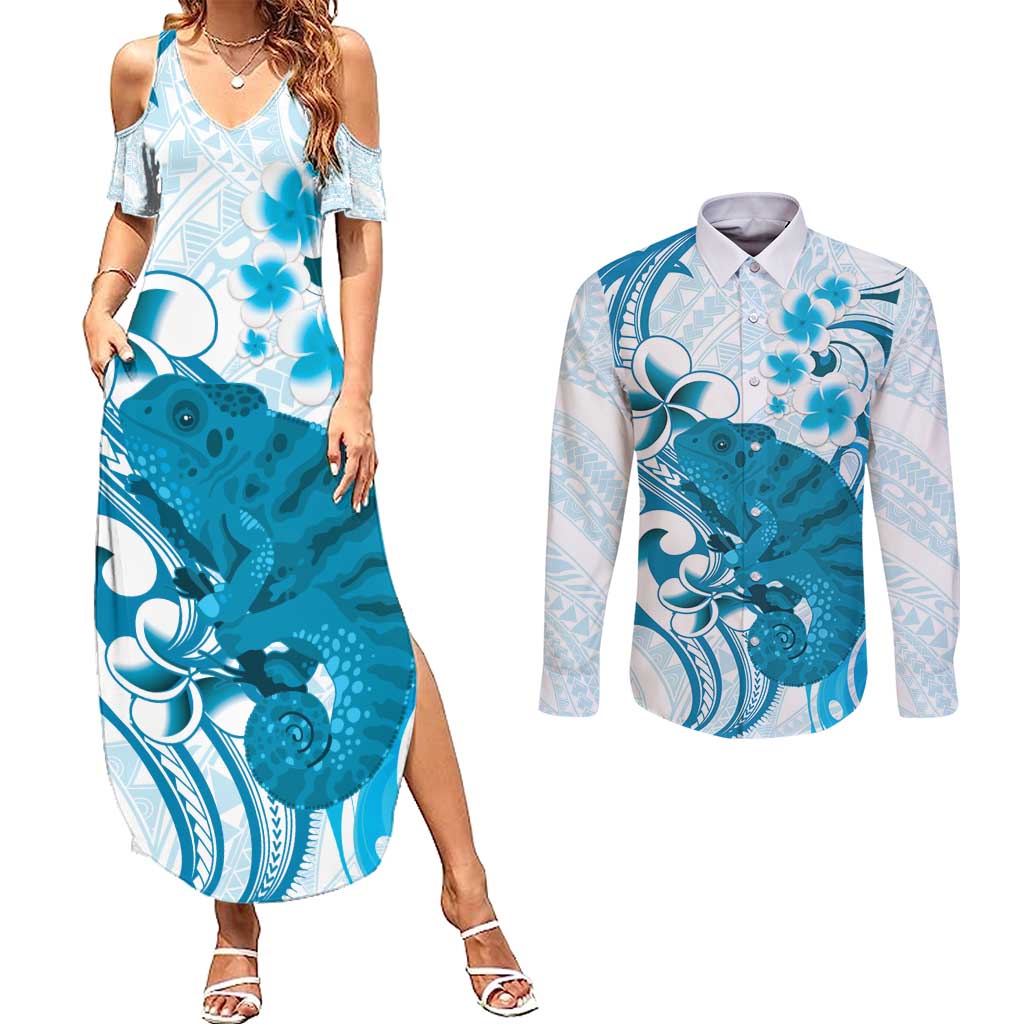 Cyan And White Hawaii Chameleon Couples Matching Summer Maxi Dress and Long Sleeve Button Shirt Plumeria Polynesian Tribal Art LT14 Cyan - Polynesian Pride