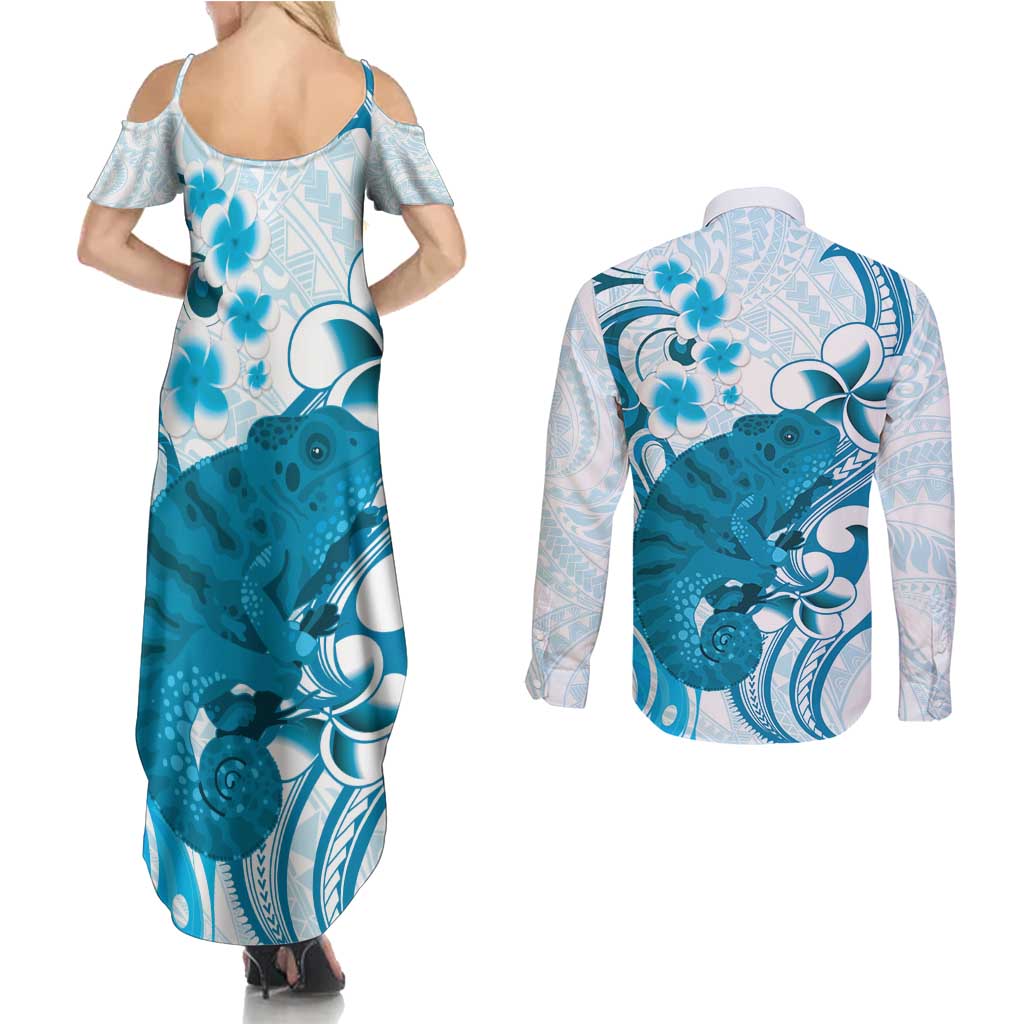 Cyan And White Hawaii Chameleon Couples Matching Summer Maxi Dress and Long Sleeve Button Shirt Plumeria Polynesian Tribal Art LT14 - Polynesian Pride