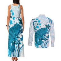 Cyan And White Hawaii Chameleon Couples Matching Tank Maxi Dress and Long Sleeve Button Shirt Plumeria Polynesian Tribal Art LT14 - Polynesian Pride