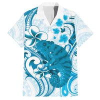 Cyan And White Hawaii Chameleon Family Matching Long Sleeve Bodycon Dress and Hawaiian Shirt Plumeria Polynesian Tribal Art LT14 Dad's Shirt - Short Sleeve Cyan - Polynesian Pride