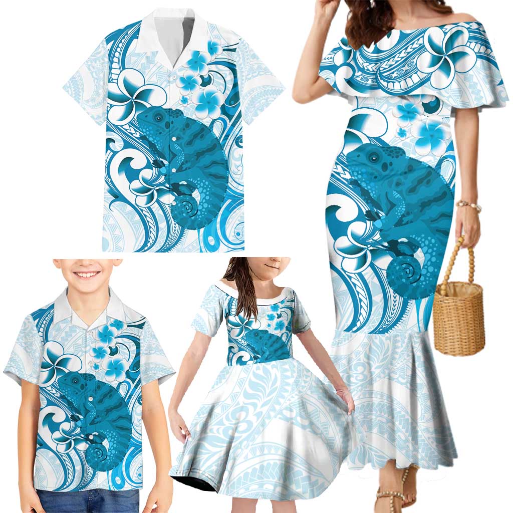 Cyan And White Hawaii Chameleon Family Matching Mermaid Dress and Hawaiian Shirt Plumeria Polynesian Tribal Art LT14 - Polynesian Pride