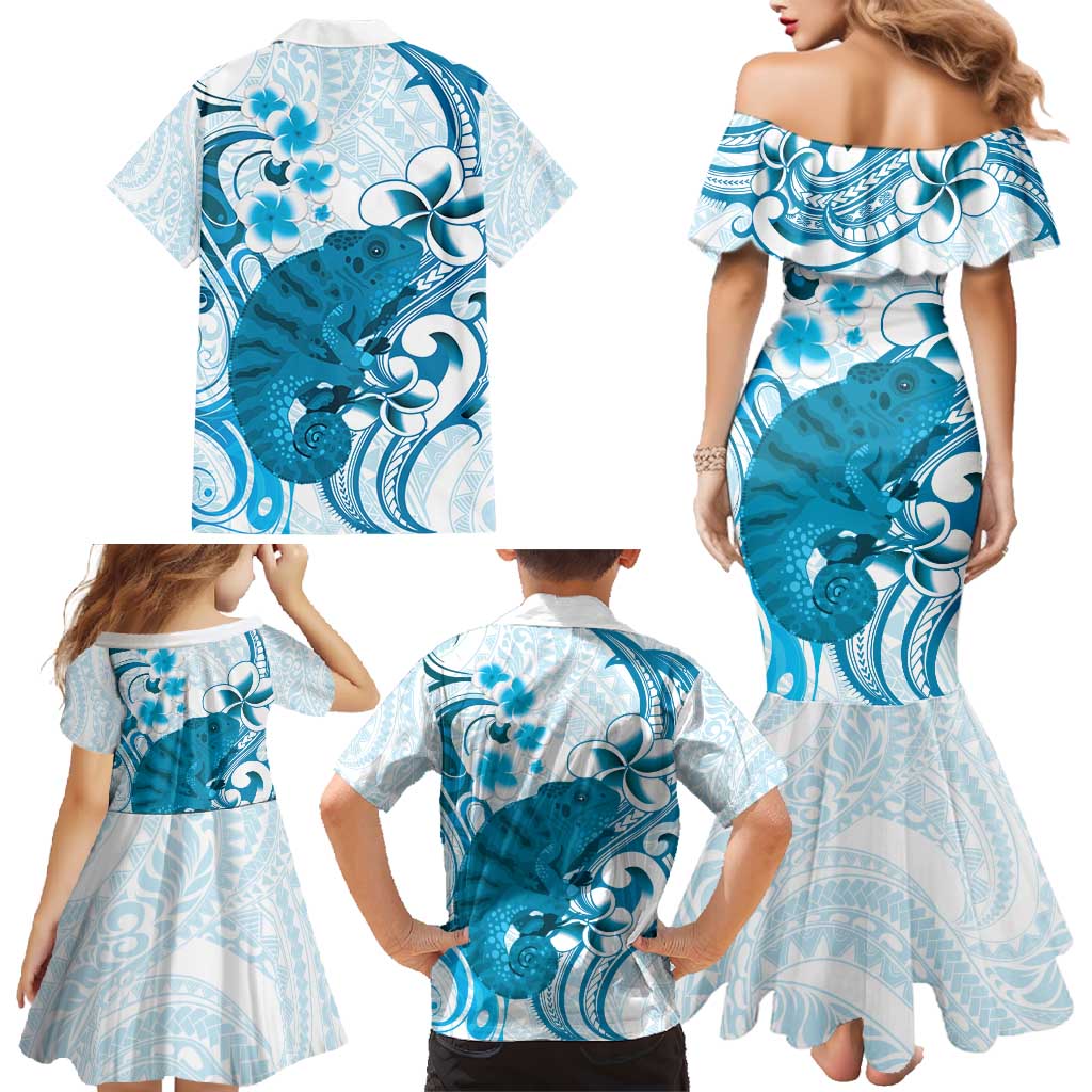 Cyan And White Hawaii Chameleon Family Matching Mermaid Dress and Hawaiian Shirt Plumeria Polynesian Tribal Art LT14 - Polynesian Pride