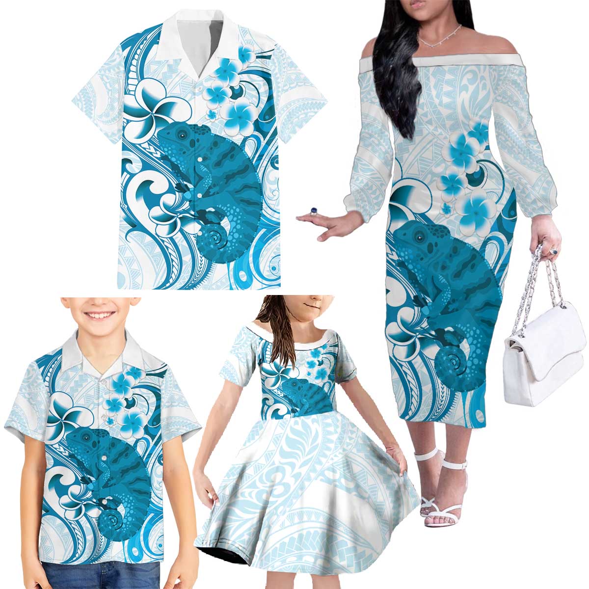 Cyan And White Hawaii Chameleon Family Matching Off The Shoulder Long Sleeve Dress and Hawaiian Shirt Plumeria Polynesian Tribal Art LT14 - Polynesian Pride