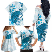 Cyan And White Hawaii Chameleon Family Matching Off The Shoulder Long Sleeve Dress and Hawaiian Shirt Plumeria Polynesian Tribal Art LT14 - Polynesian Pride